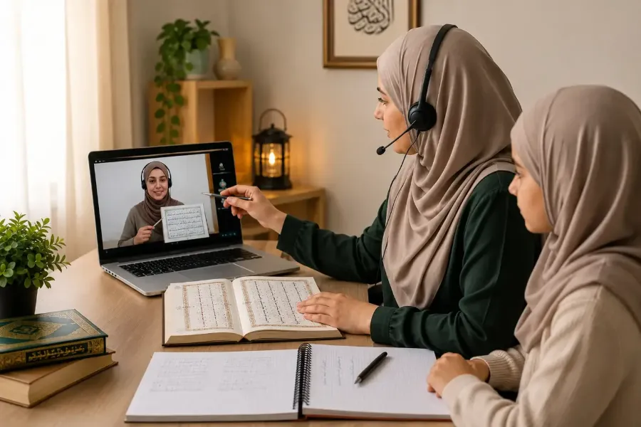 mother daughter learning quran tajweed Mother and daughter in hijab studying the Quran together in an online Tafseer class
