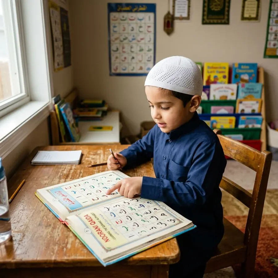 Child pointing at the Arabic letters in a Noorani Qaida book during a lesson