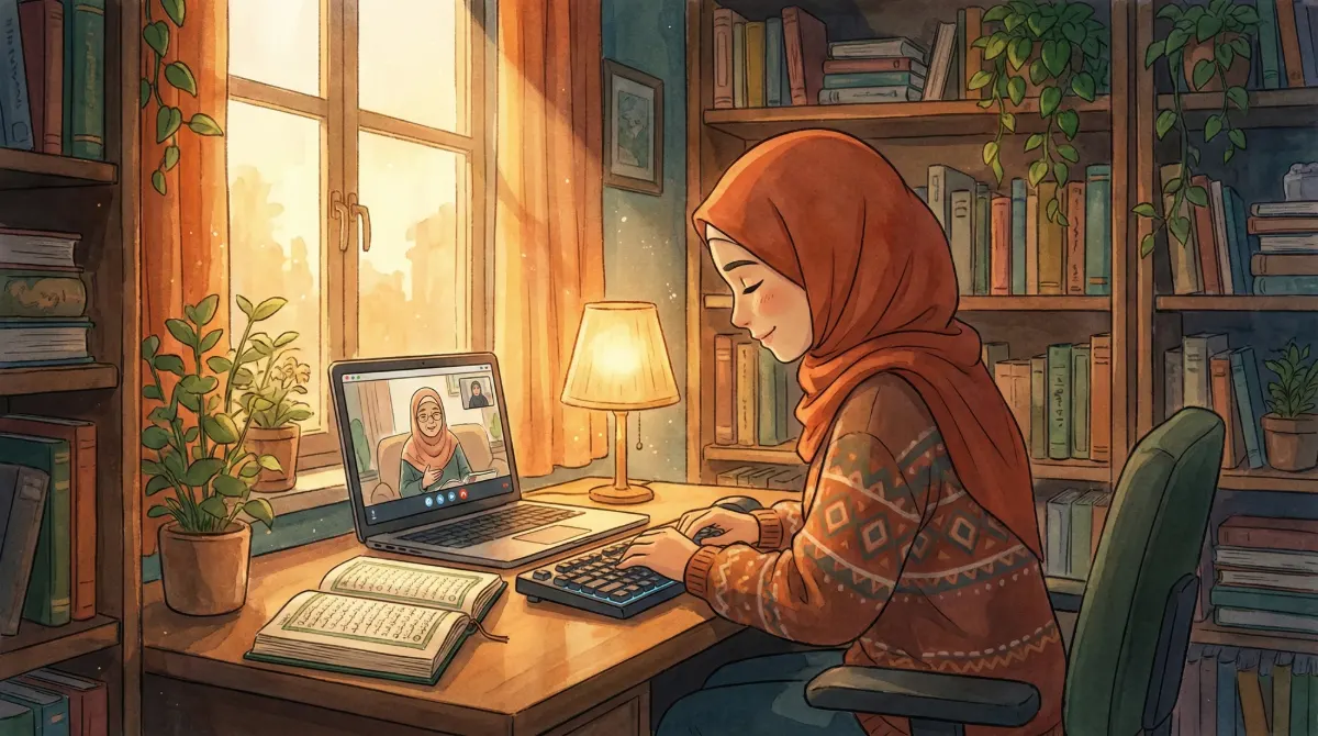 noorani qaida online female teacher Woman in hijab studying the meaning of the Quran online at home with her female teacher